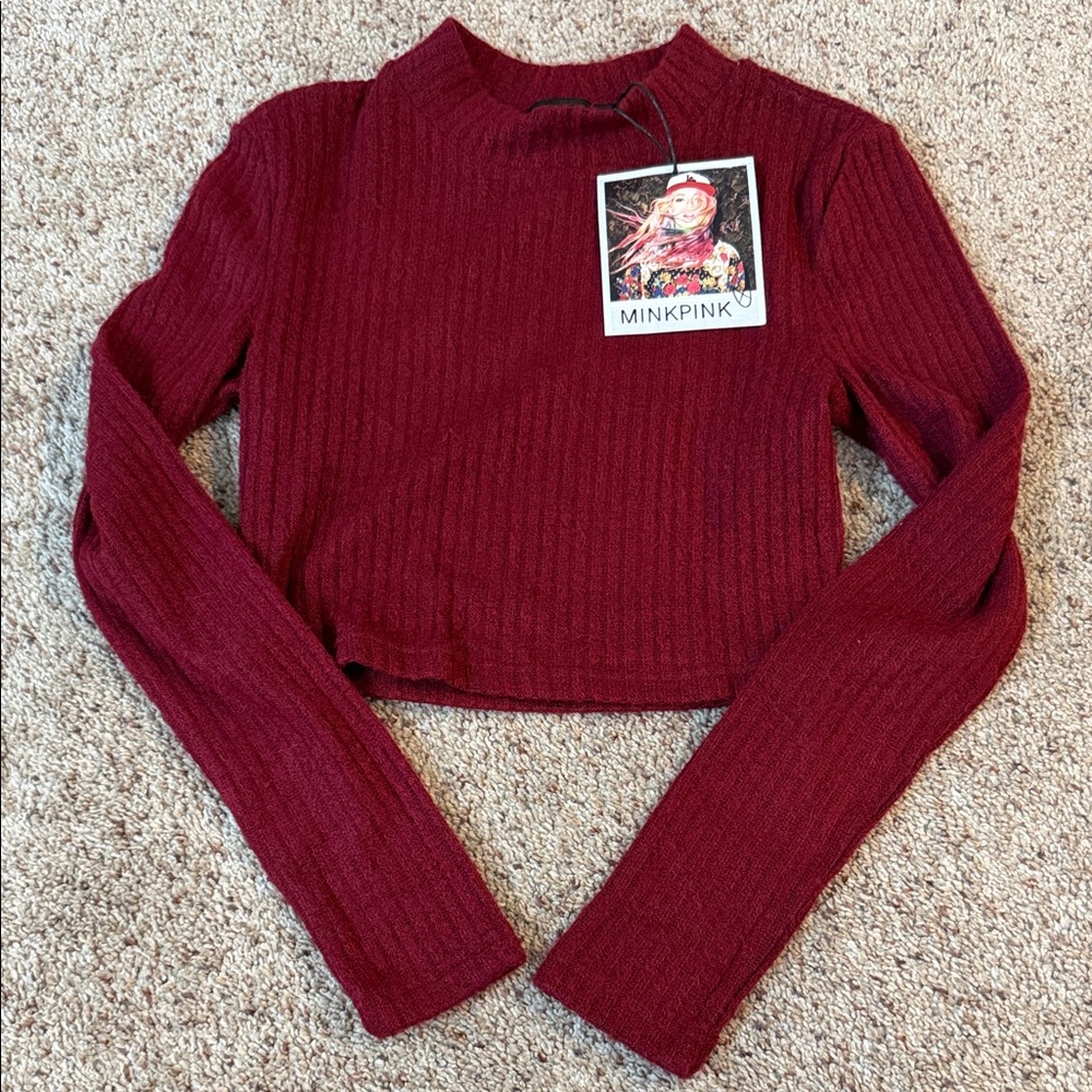MINKPINK Burgundy Ribbed Long Sleeve Crop Top